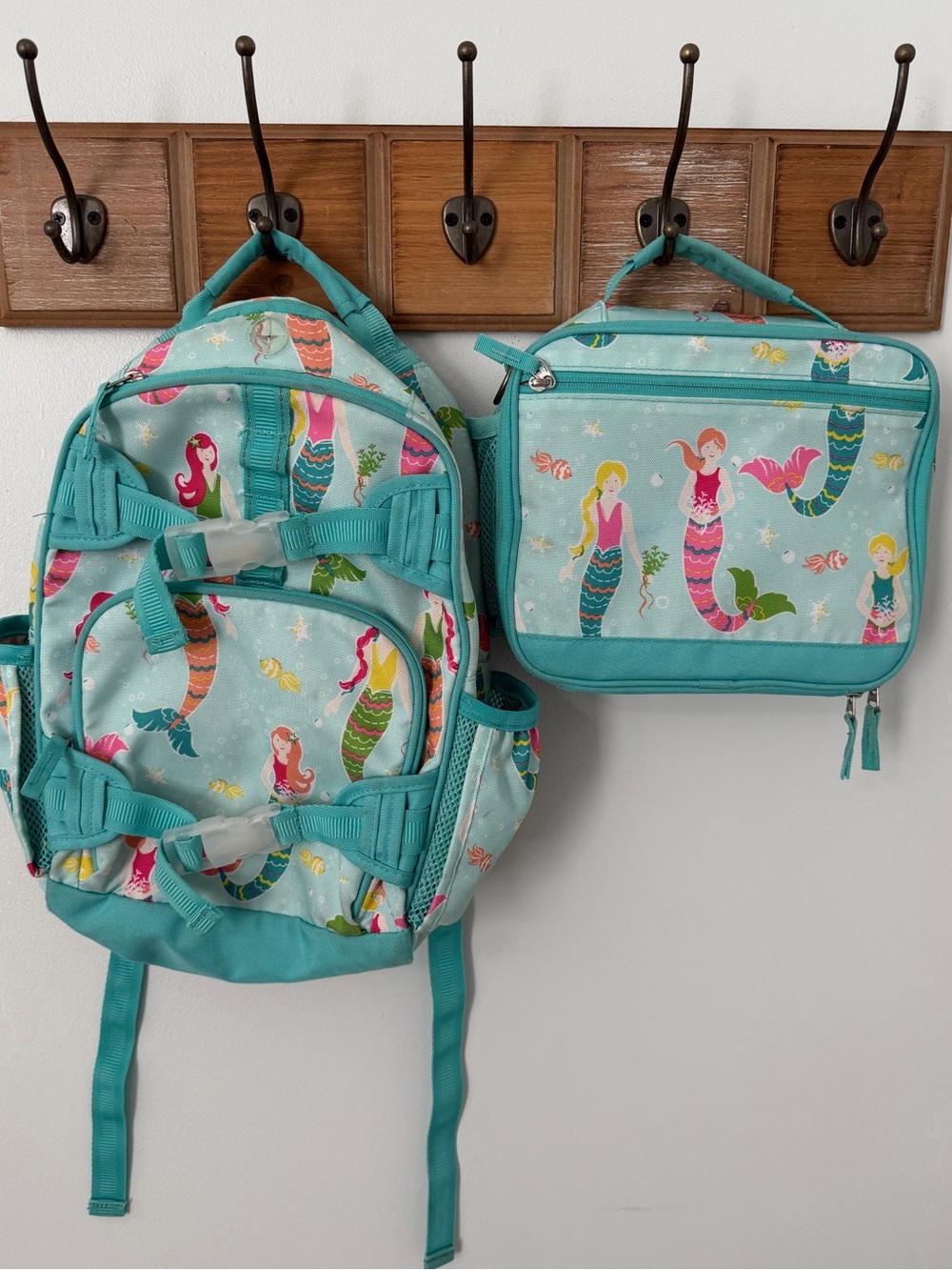 Pottery Barn Kids Small Teal Mermaid Backpack and Cold Pack Lunch Bag Set
